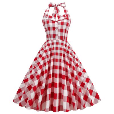 Women's Vintage 1950s Dress Retro Polka Dot Dress for Women 50s 60s Halter Dress Casual Cocktail Swing Party Rockabilly Dresses Audrey Hepburn A-Line Birthday Gowns 2023 Red Plaid XL