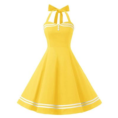 Women's Vintage 1950s Dress Retro Polka Dot Dress for Women 50s 60s Halter Dress Casual Cocktail Swing Party Rockabilly Dresses Audrey Hepburn A-Line Birthday Gowns 2023# Yellow Polka Dot S