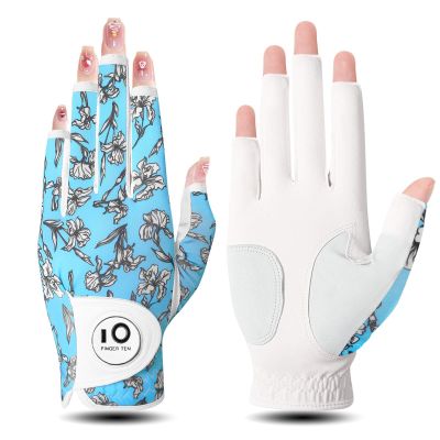 FINGER TEN Stylish Golf Gloves Women with Ball Marker 1 Pack for Left or Right Hand, Breathable Glove with Fashion Patterns for Ladies Right Left Handed Golfer (Half-Iris, Medium, Left)