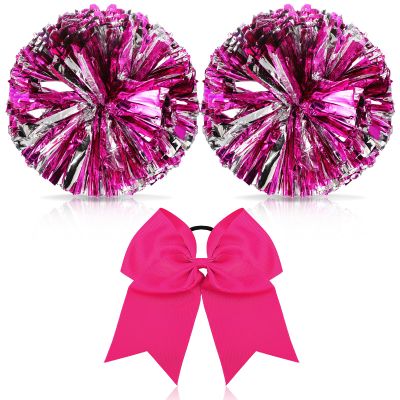 Hanaive 3 Pcs Cheerleading Pom Poms and Large Cheerleader Hair Bow Metallic Cheer supplies for Team Spirit Sports Dance Cheering(Rose Red Silver Pom,Classic Style)