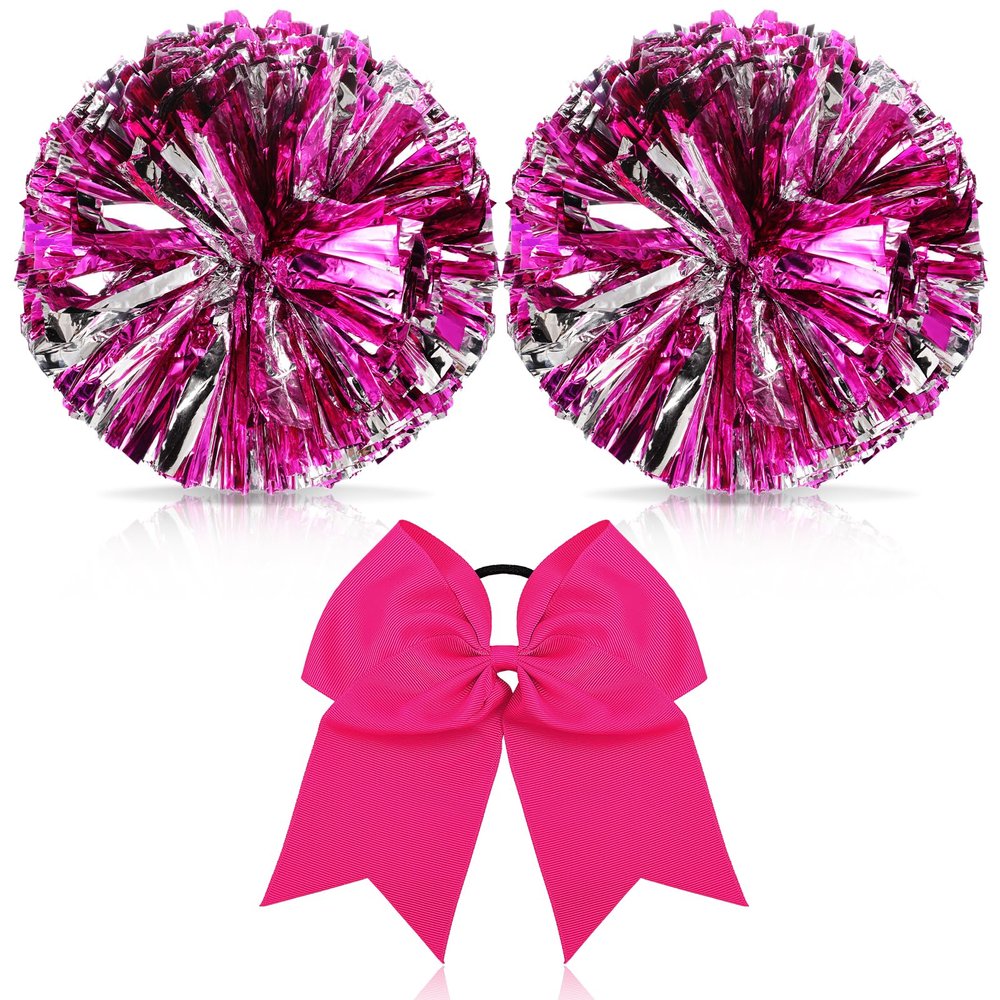 Hanaive 3 Pcs Cheerleading Pom Poms and Large Cheerleader Hair Bow Metallic Cheer supplies for Team Spirit Sports Dance Cheering(Rose Red Silver Pom,Classic Style)