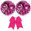Hanaive 3 Pcs Cheerleading Pom Poms and Large Cheerleader Hair Bow Metallic Cheer supplies for Team Spirit Sports Dance Cheering(Rose Red Silver Pom,Classic Style) view 1