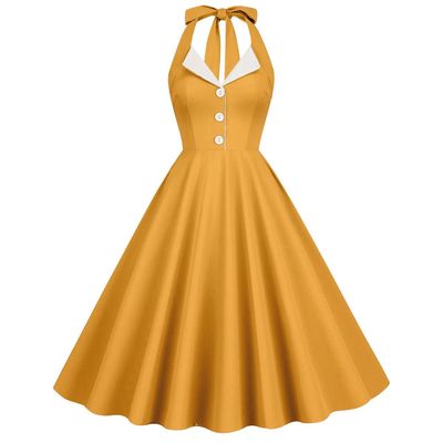 Women's Vintage 1950s Dress Retro Polka Dot Dress for Women 50s 60s Halter Dress Casual Cocktail Swing Party Rockabilly Dresses Audrey Hepburn A-Line Birthday Gowns 2023 Orange Yellow S