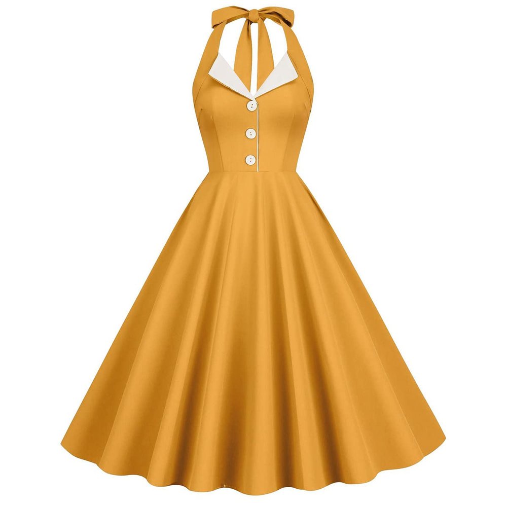 Women's Vintage 1950s Dress Retro Polka Dot Dress for Women 50s 60s Halter Dress Casual Cocktail Swing Party Rockabilly Dresses Audrey Hepburn A-Line Birthday Gowns 2023 Orange Yellow S