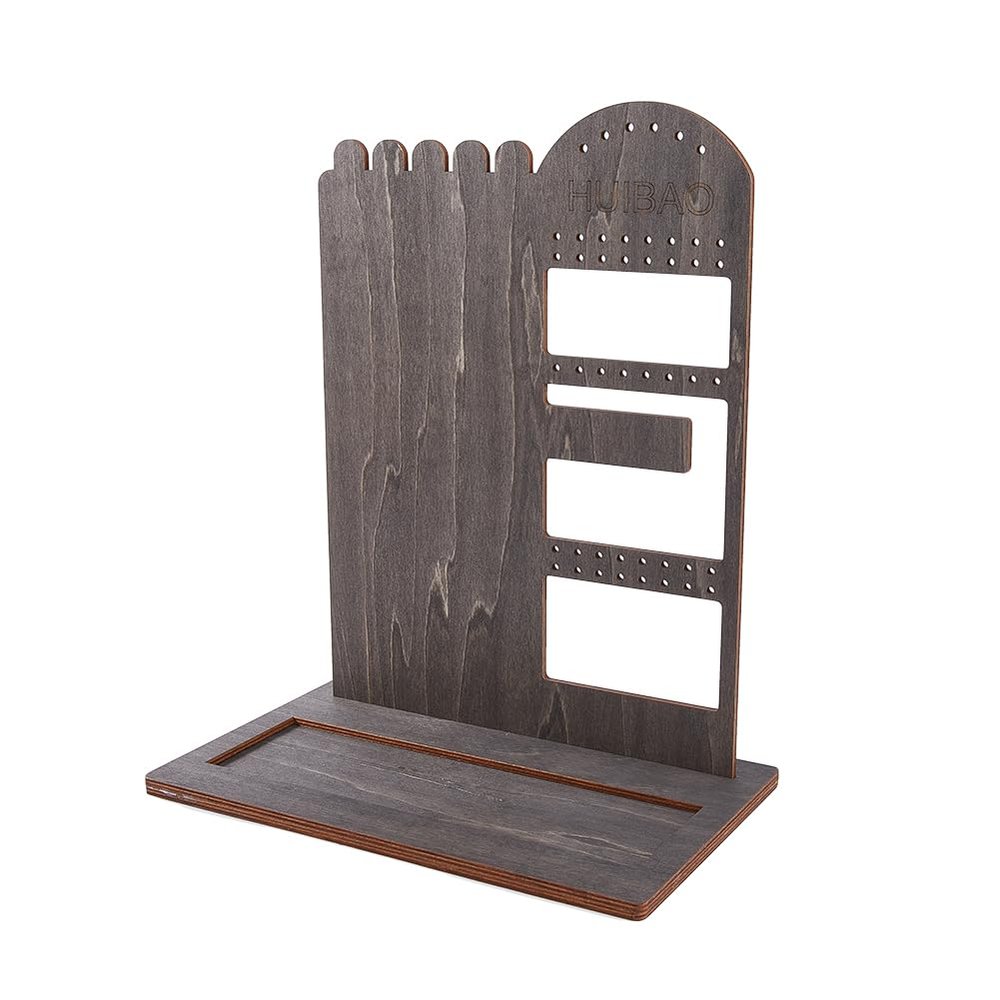 HOBBIESAY Wooden Jewelry Display Tower with Tray Wooden Earring Display Stands Jewelry Organizer Holder 46 Holes Slate Gray Bracelet Storage Holder Large Size for Earrings Necklaces Rings Ornament