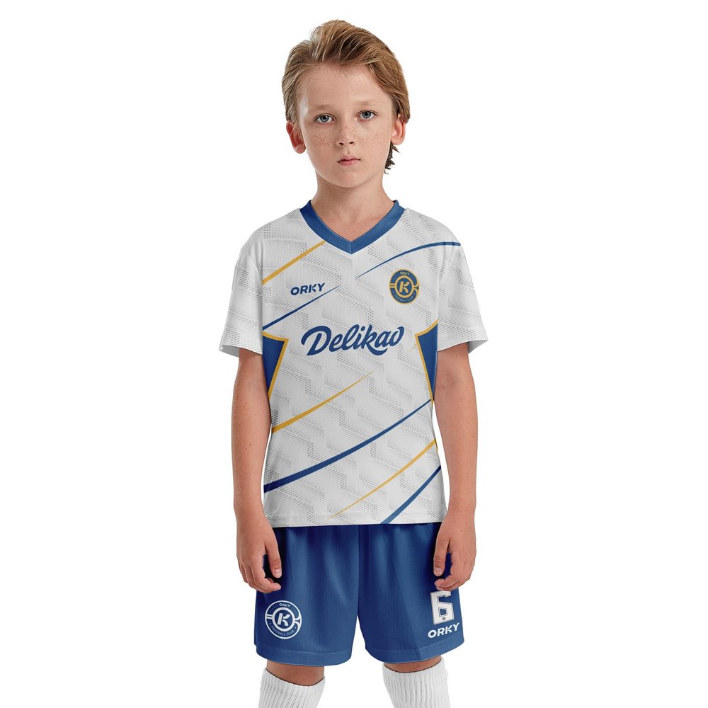ORKY Kids Custom Soccer Jersey, Design Boys Girls Football Kit, Semi Professional Customize Shirt Short Maker (White 130cm)