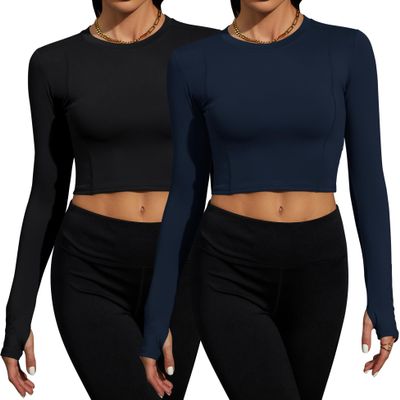 2 Pack Women's Crop Top Long Sleeve Seamless Yoga Sport Compression Activewear Shirts Compression