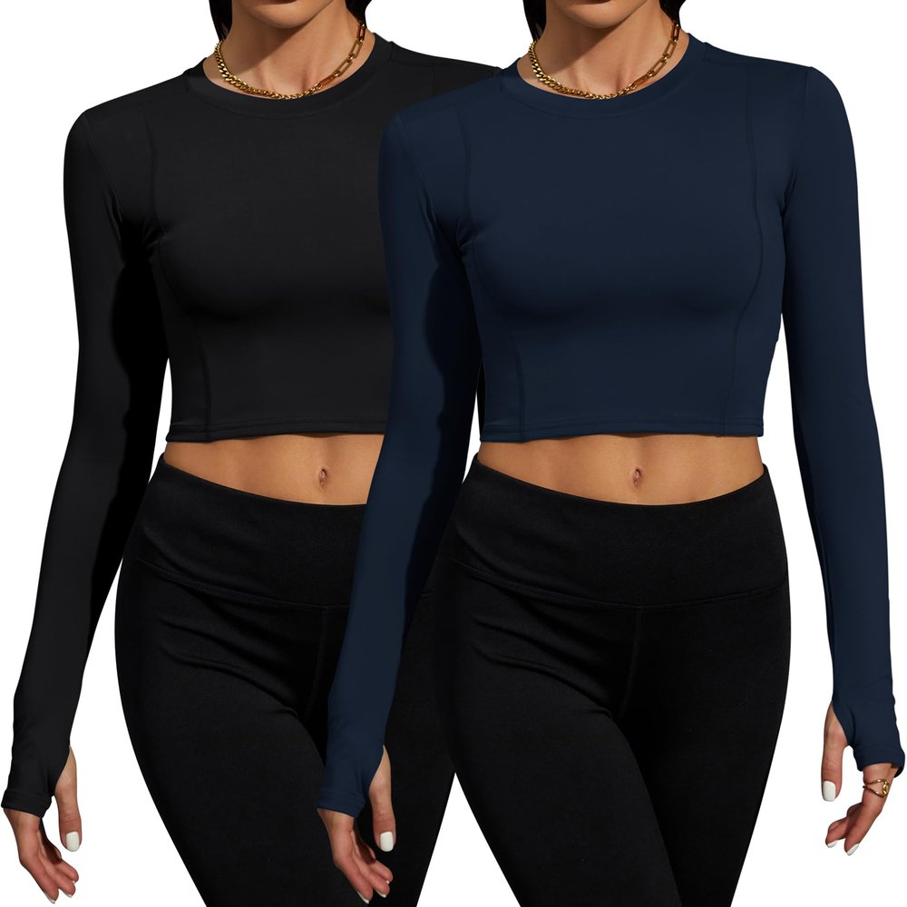 2 Pack Women's Crop Top Long Sleeve Seamless Yoga Sport Compression Activewear Shirts Compression