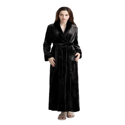 Artfasion Womens Long Fleece Robe: Warm Soft Floor Length Flannel Bathrobes for Winter Thicker Long House Coat with Pockets Suit for Wife Mom Female Friend Festival Gifts (Black Small/Medium)