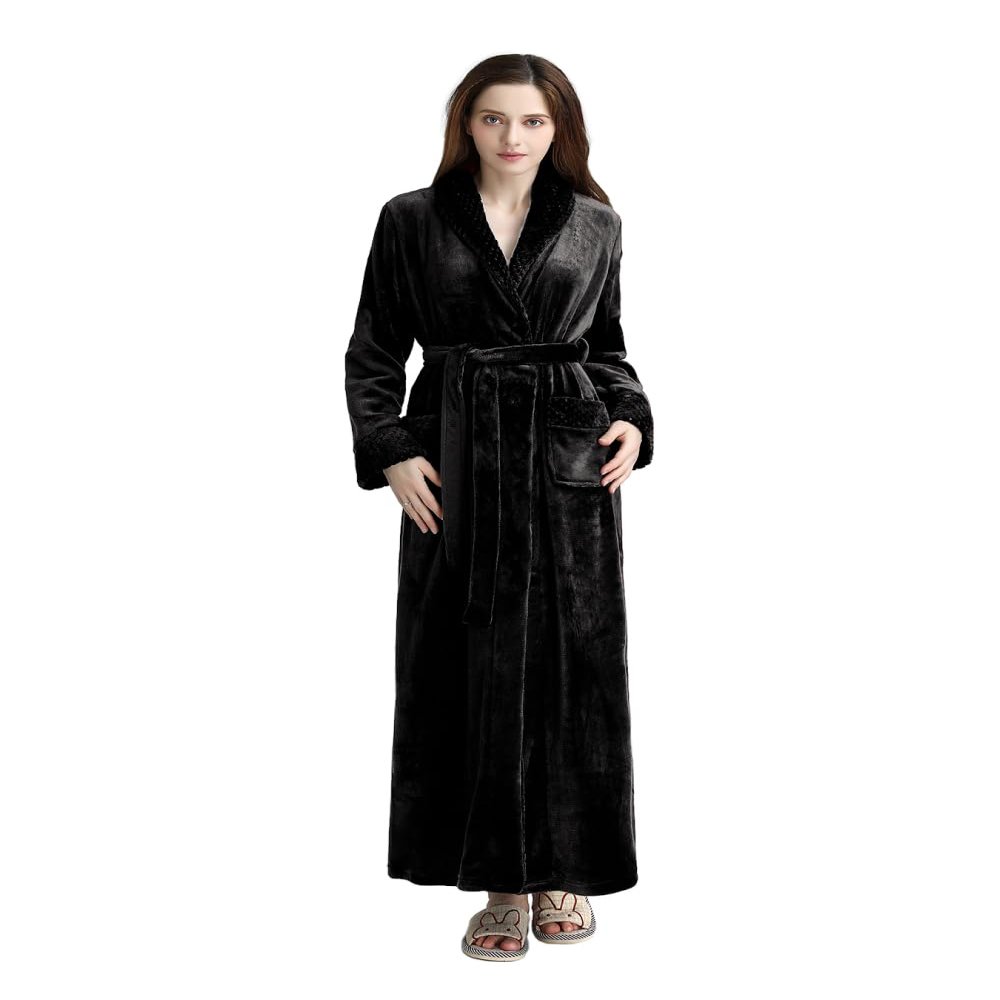 Artfasion Womens Long Fleece Robe: Warm Soft Floor Length Flannel Bathrobes for Winter Thicker Long House Coat with Pockets Suit for Wife Mom Female Friend Festival Gifts (Black Small/Medium)