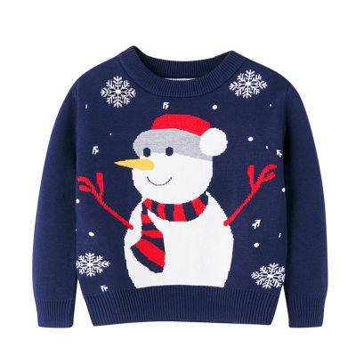 Children Boys Girls Sweatshirts Christmas Cartoon Snowman Prints Long Sleeve Warm Knitted Shawl Collar (Navy, 4-5 Years)