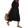 3/4 Sleeve Summer Casual Flowy Womens Crewneck Solid Cotton Maxi Dress Roomy Loose Swing Dress Medium Black view 1