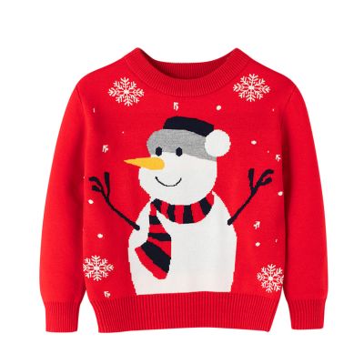 Children Boys Girls Sweatshirts Christmas Cartoon Snowman Prints Long Sleeve Warm Knitted Shawl Collar (Red, 4-5 Years)