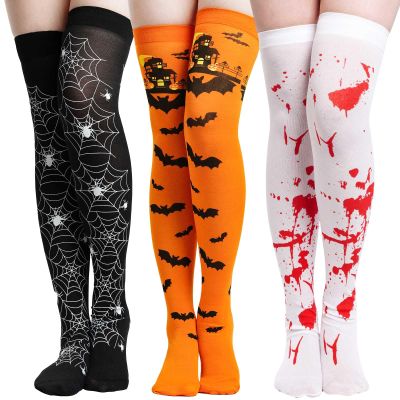Jmkcoz Halloween Thigh High Long Stockings Over Knee Spider Socks Cosplay Bat Sock, 3 Pairs Knee High Socks for Women Girls Festival Thanksgiving Party Costumes Favor