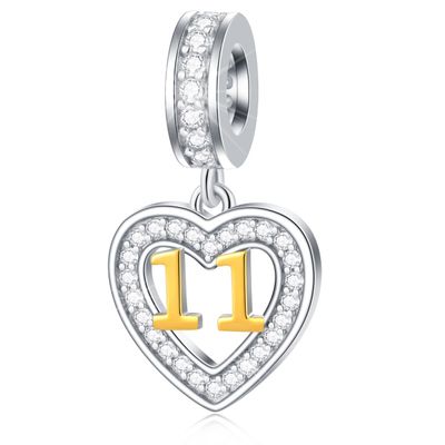 11 Years Old Anniversary Charms fits Pandora Open Bracelet, 18K Golden Number 11, 925 Sterling Silver Heart Necklace Pendant, Milestones 11th Birthday Gifts for Sister/Brother