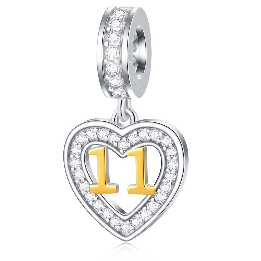 11 Years Old Anniversary Charms fits Pandora Open Bracelet, 18K Golden Number 11, 925 Sterling Silver Heart Necklace Pendant, Milestones 11th Birthday Gifts for Sister/Brother