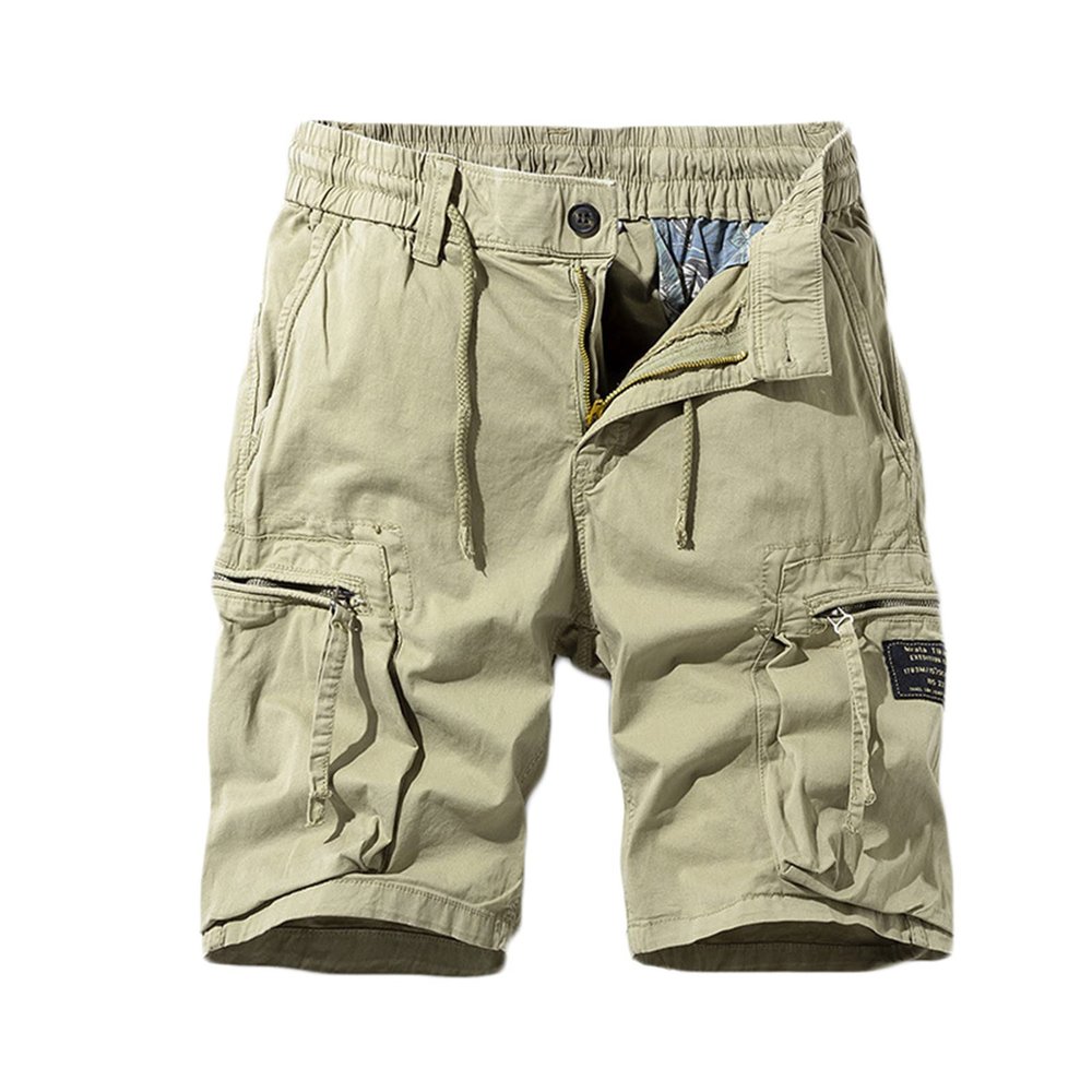 Linen Shorts Men 5 Inch Inseam Mens Stretch Shorts Classic Fit Cotton Drawstring Multi Pockets Solid Cargo Shorts Fashion Work Tooling Shorts Mens Long Cargo Shorts Khaki M