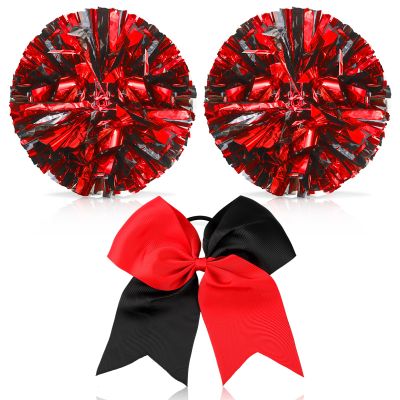 Hanaive 12 Inch Cheerleading Pom Poms and Large Cheerleader Hair Bow Large Metallic Cheer Cheerleader Pom Poms for Sports Team Spirit Cheering(Red and Black Mixed,Matte)