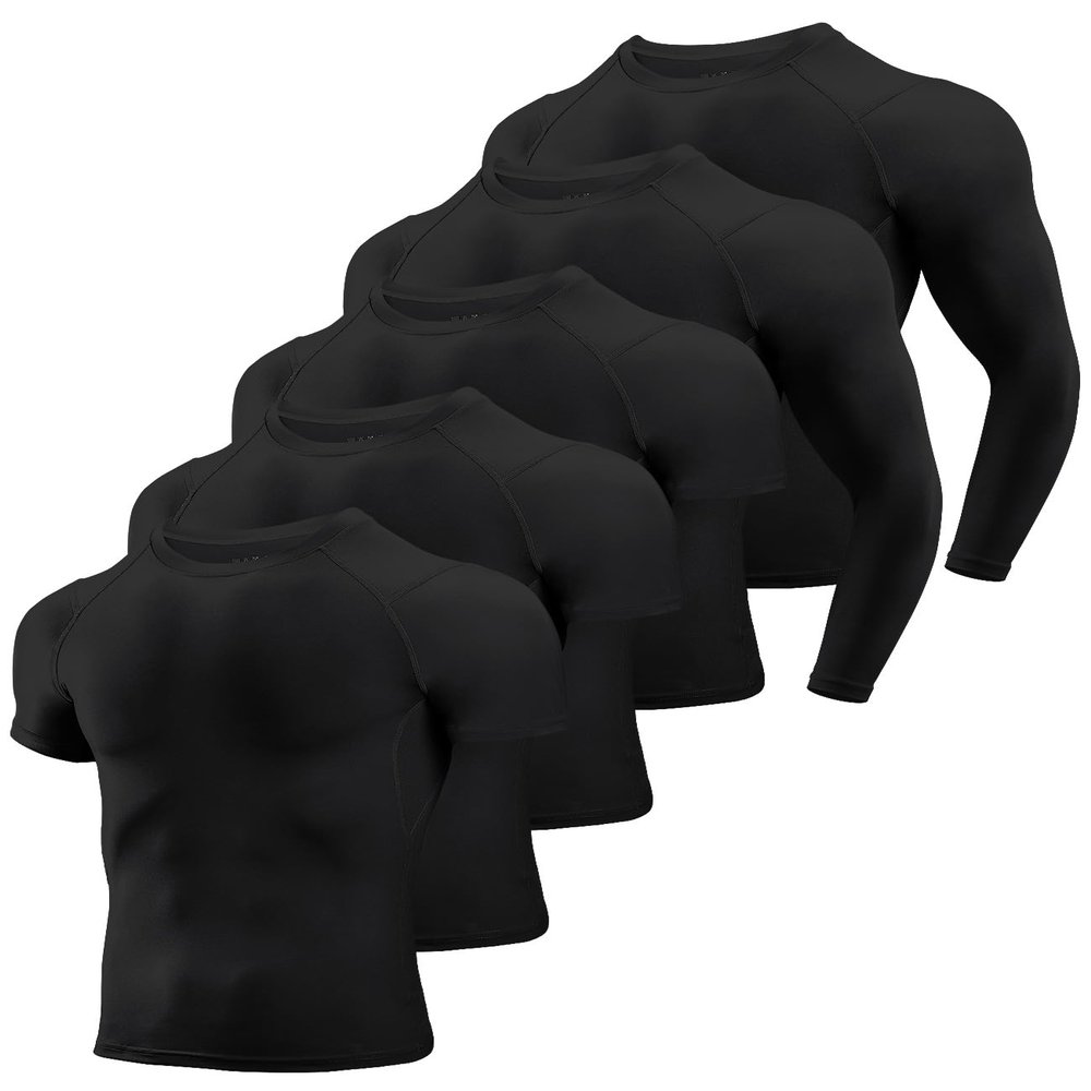 Niksa 2/4/5 Pack Compression Shirts for Men, Short/Long Sleeve Athletic Rash Guard Base Layer Undershirt Gear Workout T Shirt Men's Compression Shirts for Sports Black