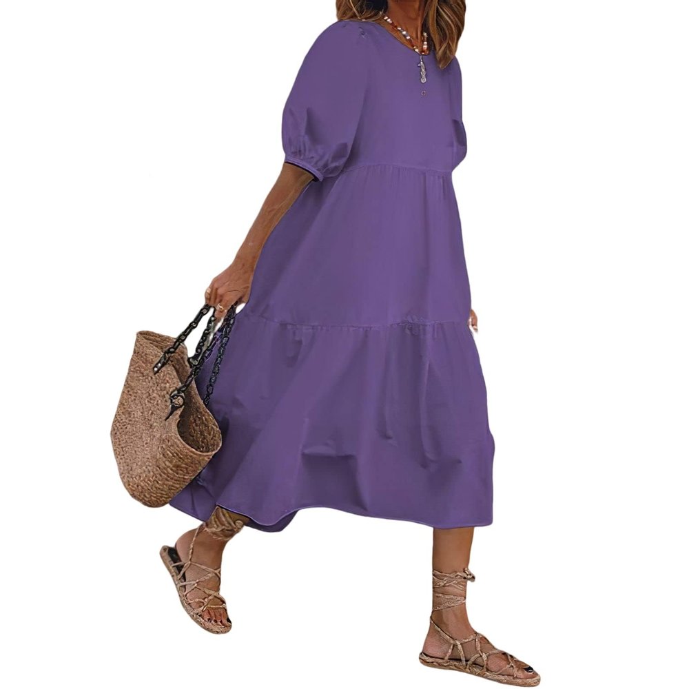Solid Color Cotton Maxi Dresses for Women 3/4 Sleeve Summer Casual Flowy Ankle Length Dress Plus Size Small Purple