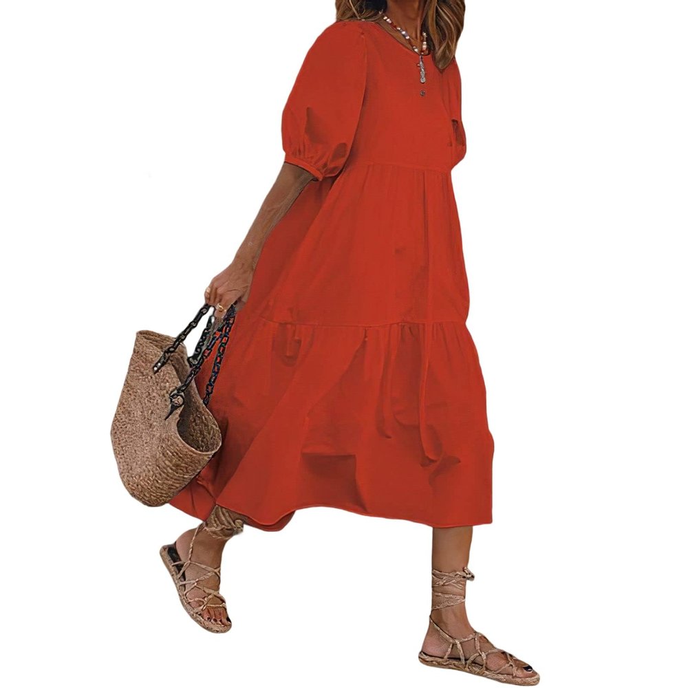3/4 Sleeve Summer Casual Flowy Solid Color Cotton Maxi Dresses for Women Roomy Loose Swing Dress 4X-Large Red