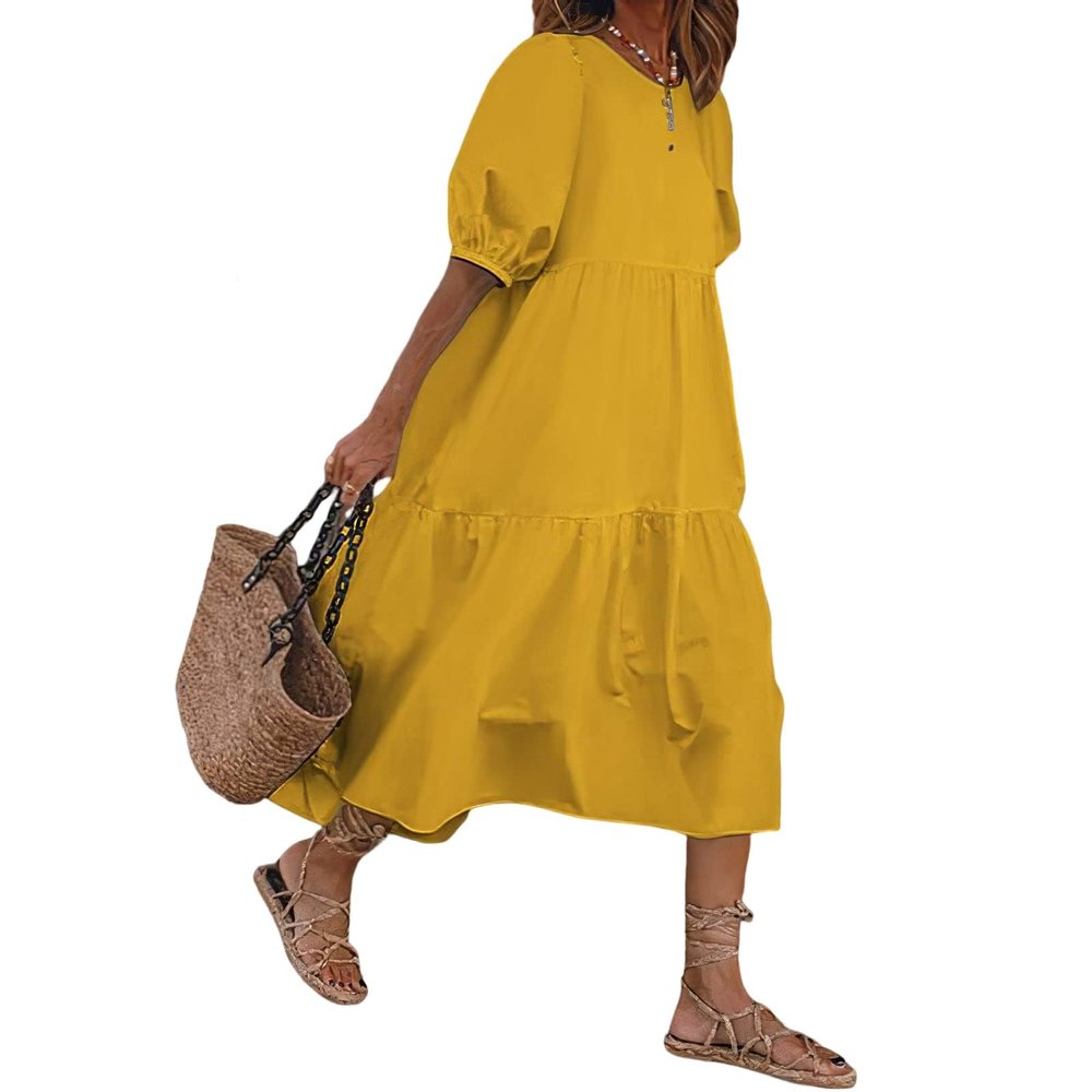 3/4 Sleeve Summer Casual Flowy Solid Color Cotton Maxi Dresses for Women Loose Fit Swing Long Dress Large Yellow