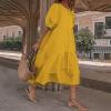 3/4 Sleeve Summer Casual Flowy Solid Color Cotton Maxi Dresses for Women Loose Fit Swing Long Dress Large Yellow view 2