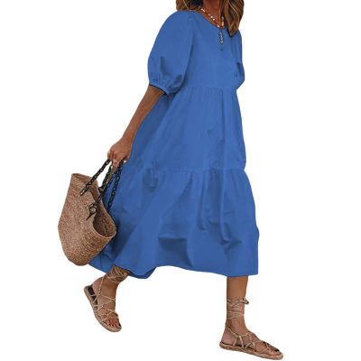 3/4 Sleeve Summer Casual Flowy Solid Color Cotton Maxi Dresses for Women Ankle Length Dress Plus Size Large Dark Blue