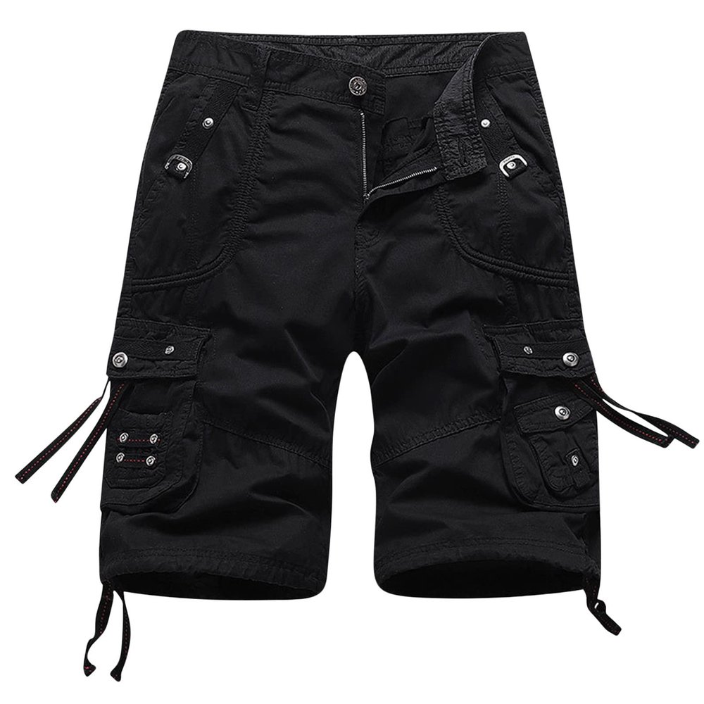 Muscularfit Mens Linen Shorts 5 Inch Inseam White Mens Cargo Shorts Fashion Outdoor Multi Pockets Cotton Work Utility Tooling Shorts Casual Buckle Zipper Shorts Casual Shorts for Men Summer Black M