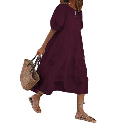 3/4 Sleeve Summer Casual Flowy Women 2023 Fashion Cotton Crewneck Dress Ankle Length Dress Plus Size Large Burgundy