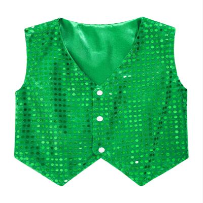 Aislor Kids Big Boys Sparkly Vest Shirt Jacket Jazz Hip Hop Stage Performance Waistcoat Coat Green 8-9 Years
