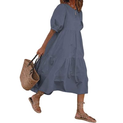 3/4 Sleeve Summer Casual Flowy Women's Cotton Crewneck Maxi Dresses Loose Fit Swing Long Dress Medium Grey