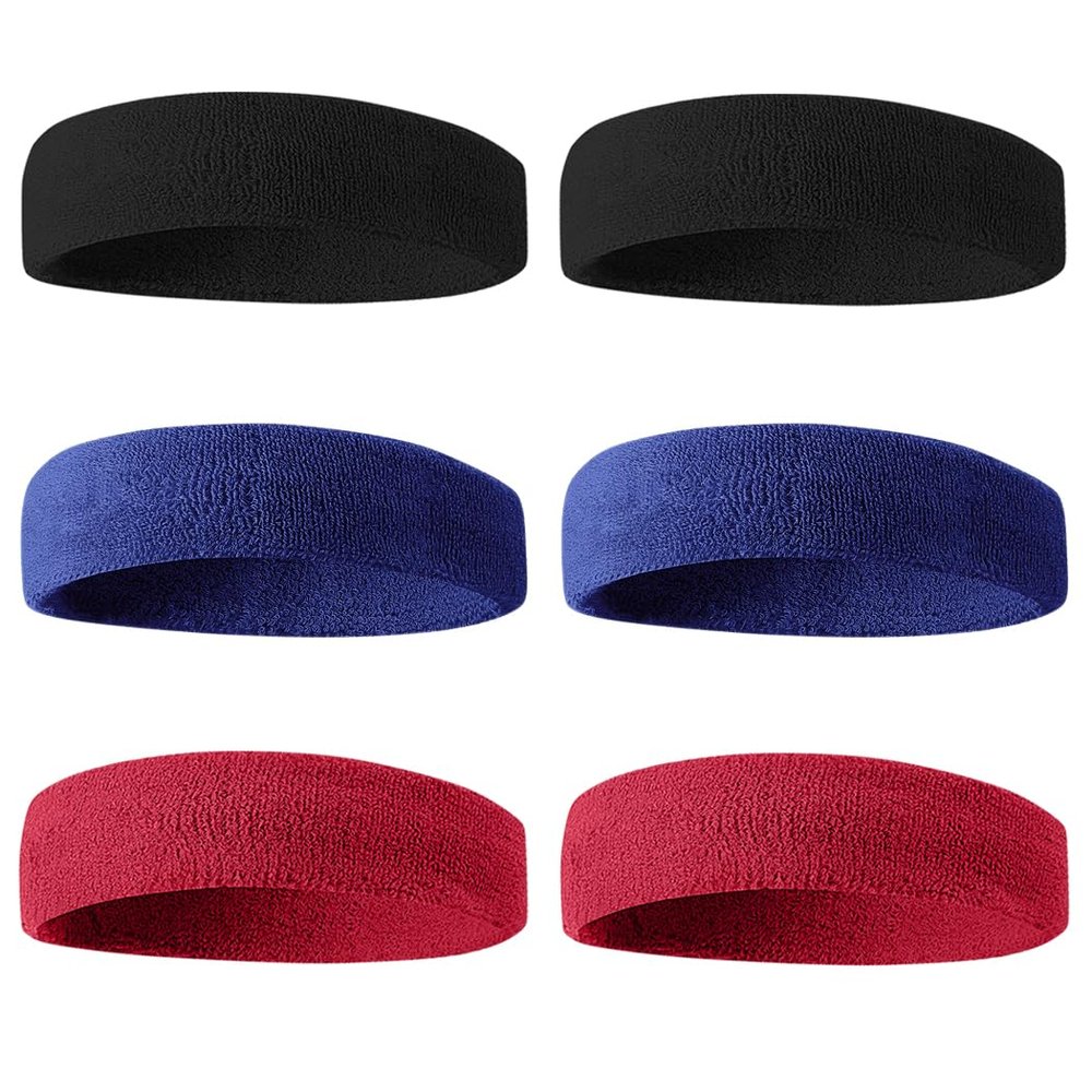 BEACE Sweatbands Sports Headband for Men & Women - 6PCS Moisture Wicking Athletic Cotton Terry Cloth Sweatband for Tennis, Basketball, Running, Gym, Working Out