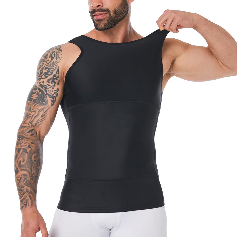 YOWODA Mens Body Shaper, Compression Shapewear Vest Slimming Undershirt Tank Top, Tummy Control Chest, Hide Gynecomastia (1, Black, XX-Large)