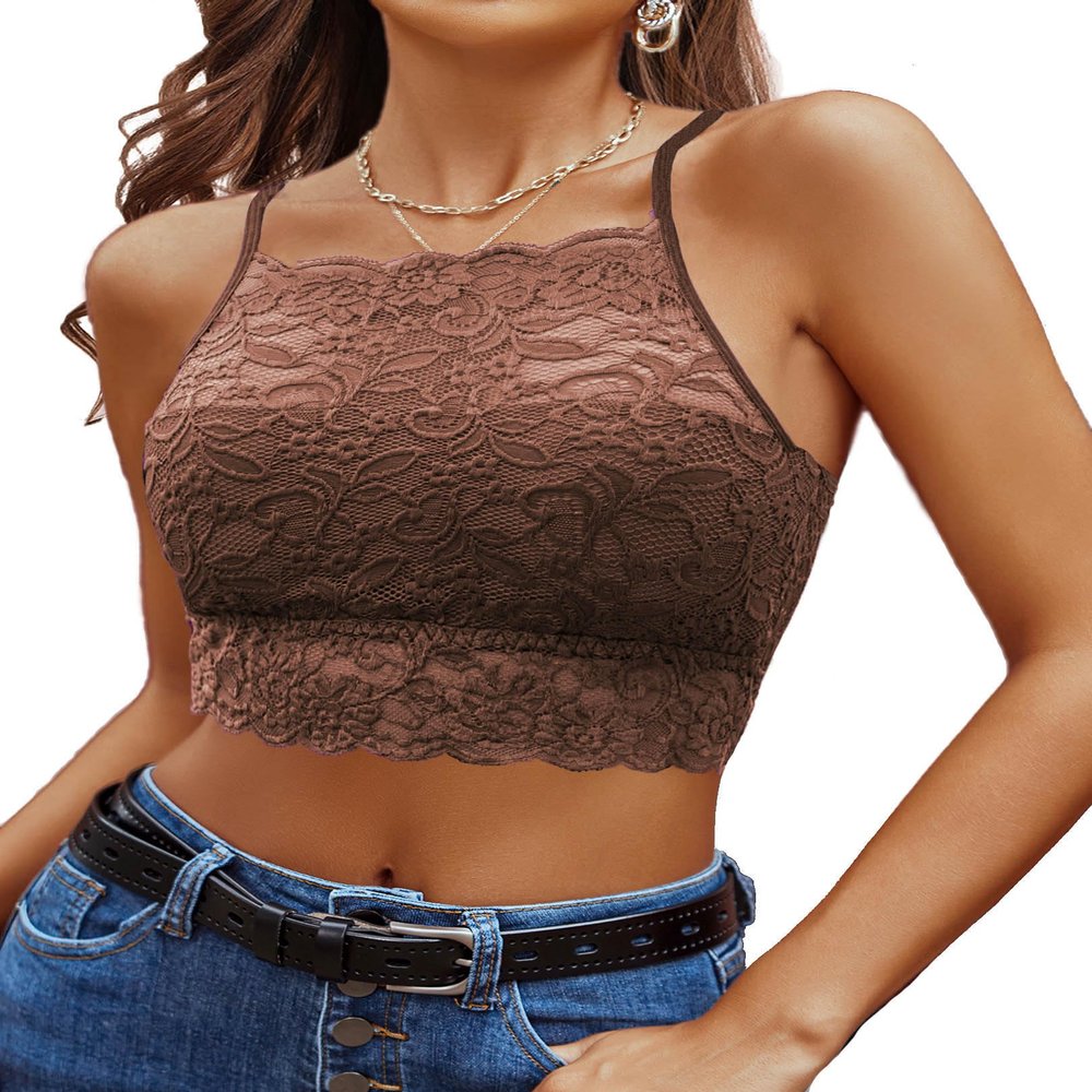 Avidlove Lace Bralette Lace Camisoles for Women Racerback Double-Layered Y2K Crop Top Brown XXL