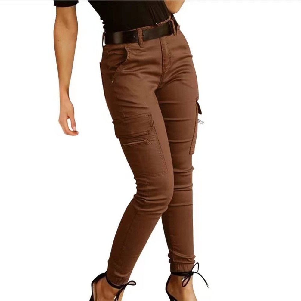 XUNRYAN Women's Hiking Cargo Pants Quick Dry Yoga Leggings Outdoor Camping Joggers with Zipper Pockets Workout Pants Brown
