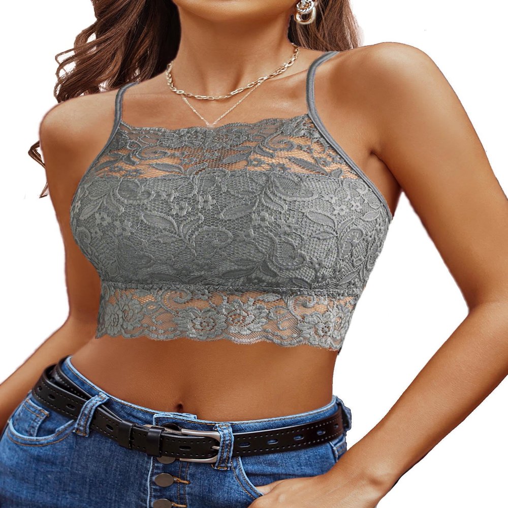 Avidlove Lace Bralette Lace Camisoles for Women Racerback Double-Layered Y2K Crop Top Light Grey L
