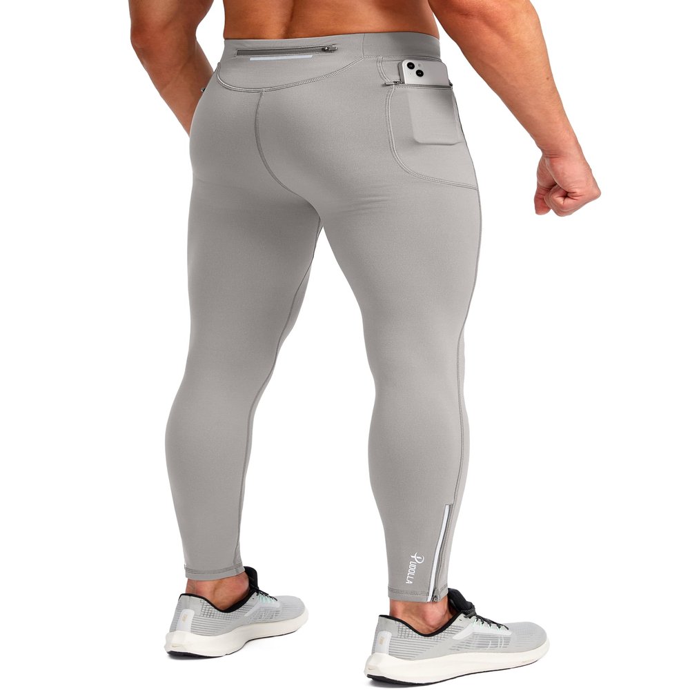 Pudolla Men's Thermal Running Tights with 3 Zipper Pockets Workout Compression Leggings Cycling Pants for Men Hiking Jogging(Light Grey X-Small)