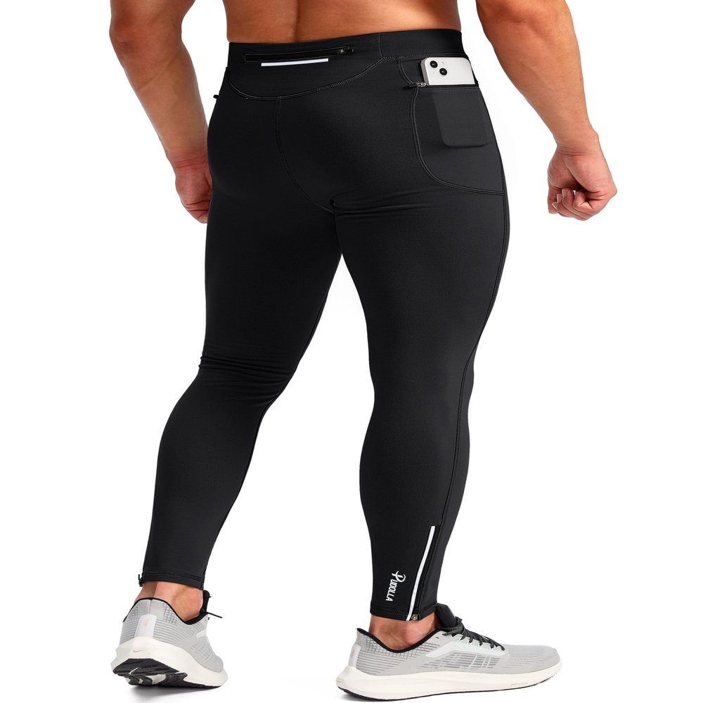 Pudolla Men's Thermal Running Tights with 3 Zipper Pockets Workout Compression Leggings Cycling Pants for Men Hiking Jogging(Black X-Small)