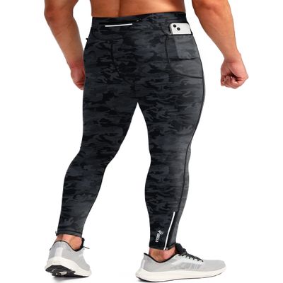 Pudolla Men's Thermal Running Tights with 3 Zipper Pockets Workout Compression Leggings Cycling Pants for Men Hiking Jogging(Black Camo X-Small)