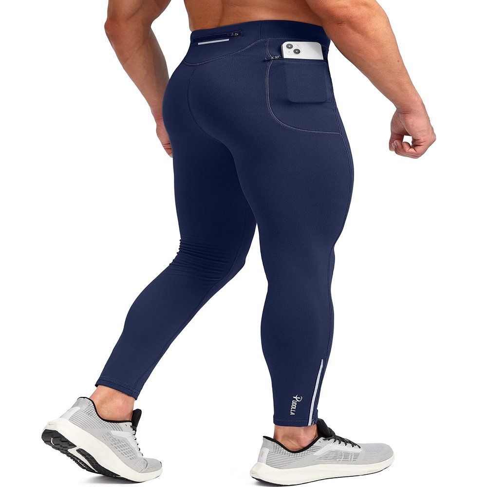 Pudolla Men's Thermal Running Tights with 3 Zipper Pockets Workout Compression Leggings Cycling Pants for Men Hiking Jogging(Navy X-Small)