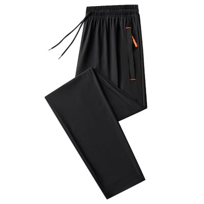 ANUFER Mens Summer Thin Stretchy Sweatpants Jogging Bottoms with Zip Pockets Lightweight Casual Trousers Open Bottom Black & Orange 3XL