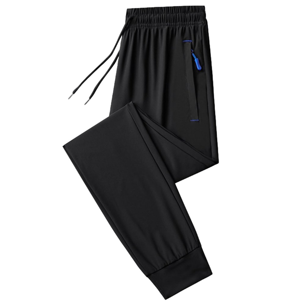 ANUFER Mens Summer Thin Stretchy Sweatpants Jogging Bottoms with Zip Pockets Lightweight Casual Trousers Closed Bottom Black & Blue 4XL