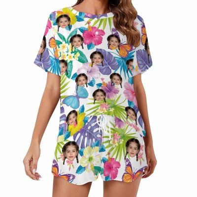 Artsadd Custom Short Pajamas Set With Photo, Women Personalized Lounge Set, Funny Face Printed Sleepwear, Soft Tracksuit Gift(Floral,3XL)