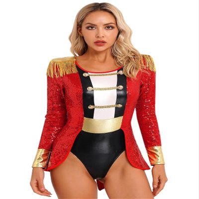 Aislor Women's Circus Ringmaster Cosplay Costume Long Sleeve Tassel Tuxedo Jacket Leotard Jumpsuit Bodysuit Red A Small