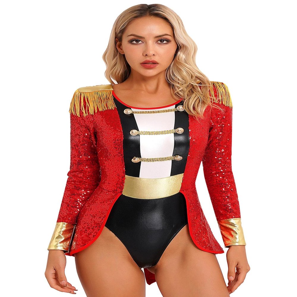 Aislor Women's Circus Ringmaster Cosplay Costume Long Sleeve Tassel Tuxedo Jacket Leotard Jumpsuit Bodysuit Red A X-Large