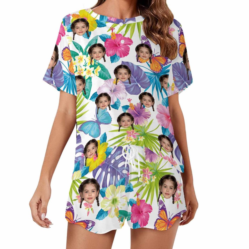 Artsadd Custom Short Pajamas Set With Photo, Women Personalized Lounge Set, Funny Face Printed Sleepwear, Soft Tracksuit Gift(Floral,XL)