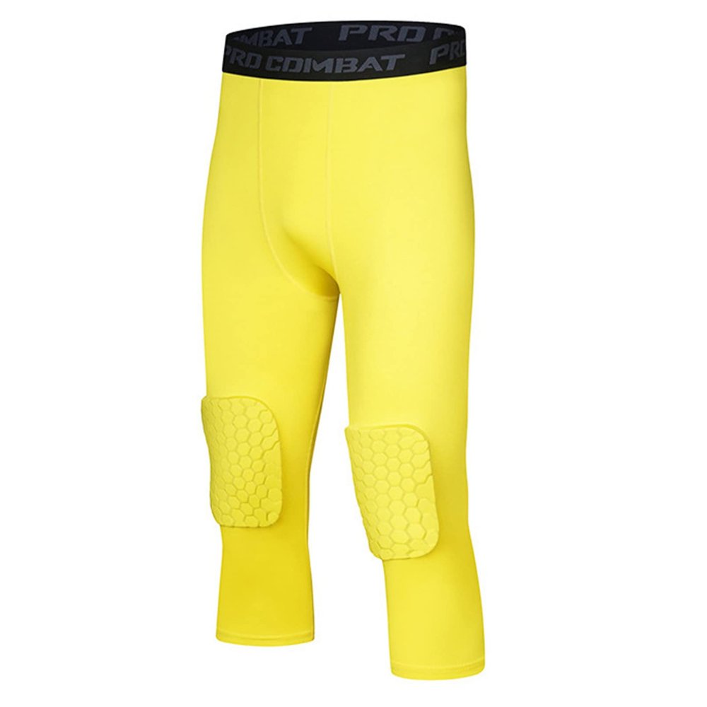 AGJGFM Mens 3/4 Goalkeeper Leggings Padded Soccer Goalie Pants Basketball Compression Capri Pants Tights Yellow