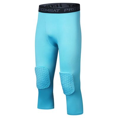 AGJGFM Mens 3/4 Goalkeeper Leggings Padded Soccer Goalie Pants Basketball Compression Capri Pants Tights Blue