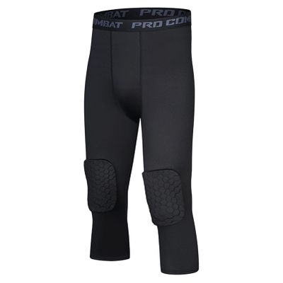 AGJGFM Mens 3/4 Goalkeeper Leggings Padded Soccer Goalie Pants Basketball Compression Capri Pants Tights Black